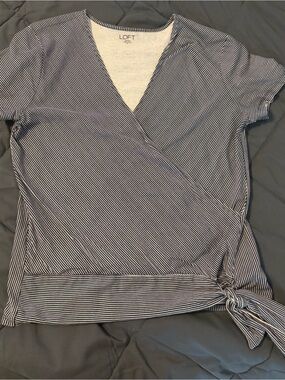 LOFT Navy and White Striped Wrap Tie Short Sleeve Blouse
